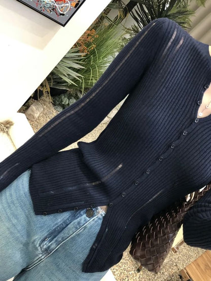 Round Neck Plain Distressed Ribbed Cardigan