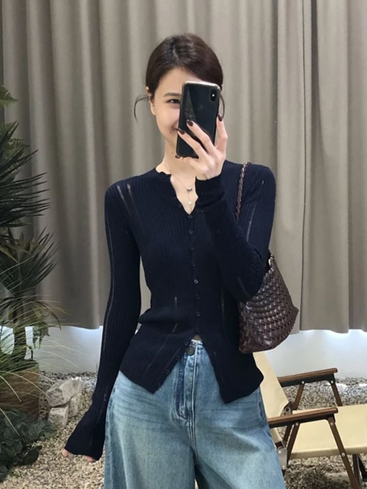 Round Neck Plain Distressed Ribbed Cardigan