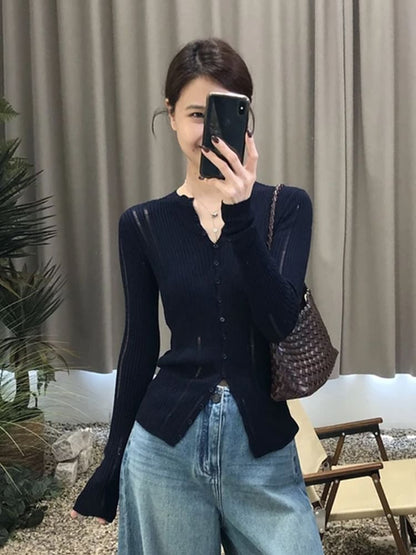 Round Neck Plain Distressed Ribbed Cardigan