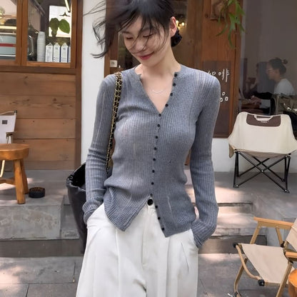Round Neck Plain Distressed Ribbed Cardigan