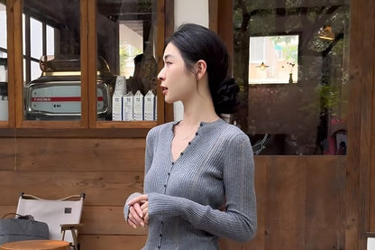 Round Neck Plain Distressed Ribbed Cardigan