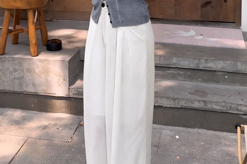 Round Neck Plain Distressed Ribbed Cardigan