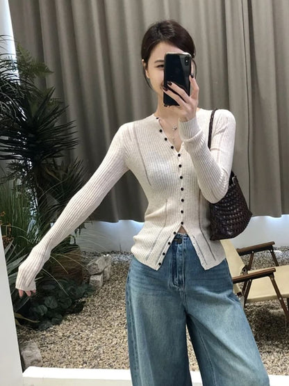 Round Neck Plain Distressed Ribbed Cardigan