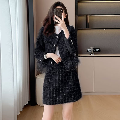 Set: Round Neck Fringed Tweed Button Jacket + High Waist Mini A-Line Skirt