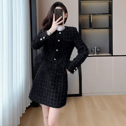 Set: Round Neck Fringed Tweed Button Jacket + High Waist Mini A-Line Skirt