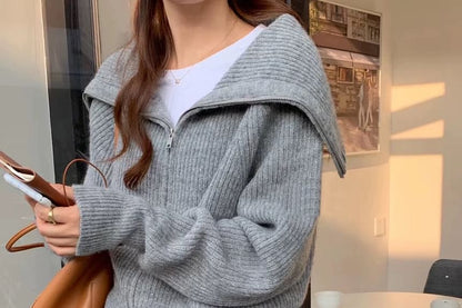 Long Sleeve Shawl Collar Plain Ribbed-Knit Zip-Up Cardigan