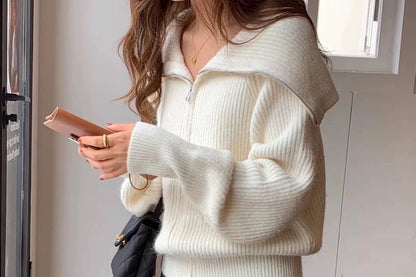 Long Sleeve Shawl Collar Plain Ribbed-Knit Zip-Up Cardigan