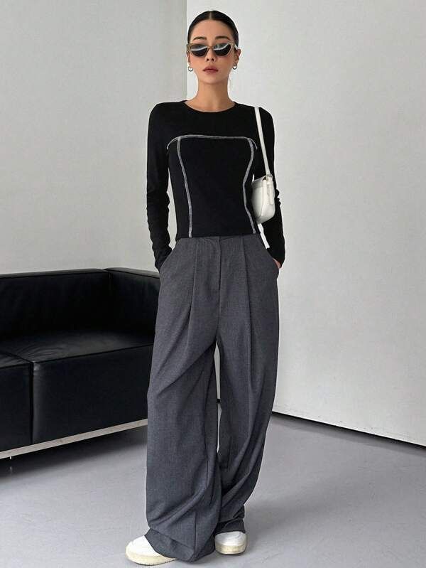 Slim-Fit Crewneck Top with Contrast Stitching