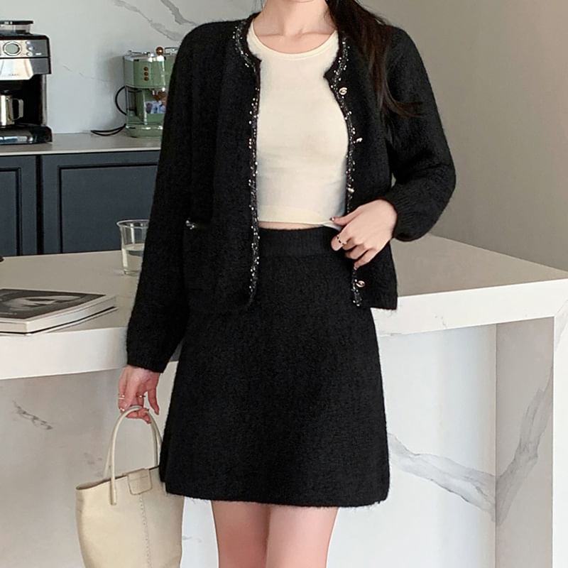 Set: Tweed Sequin Trim Button-Up Jacket + Mini Skirt