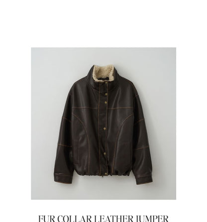 Fur-Collar Pleather Jacket (Brown)