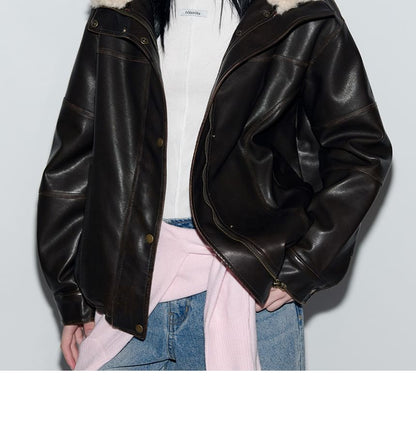Fur-Collar Pleather Jacket (Brown)