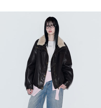 Fur-Collar Pleather Jacket (Brown)