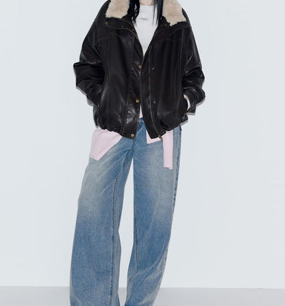 Fur-Collar Pleather Jacket (Brown)