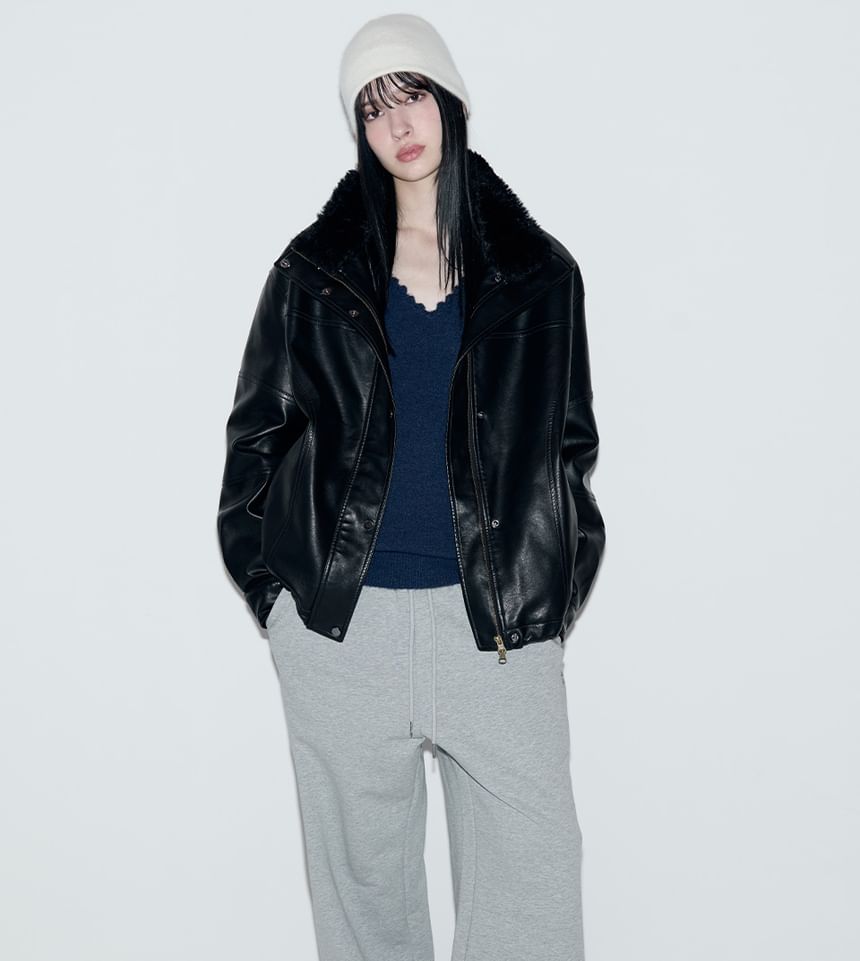 Fur-Collar Pleather Jacket (Black)