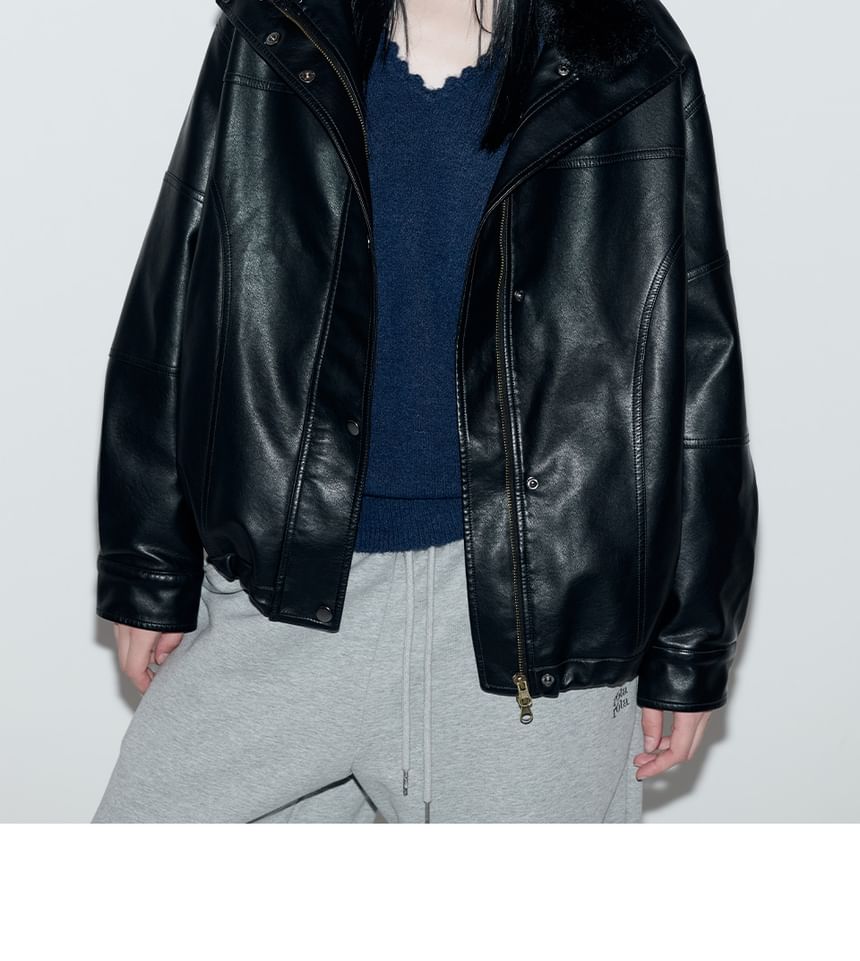 Fur-Collar Pleather Jacket (Black)