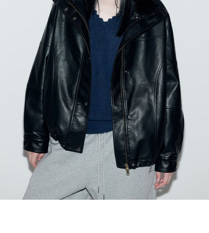 Fur-Collar Pleather Jacket (Black)