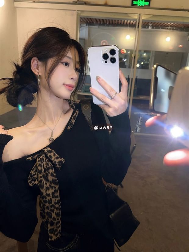 Leopard Bow Off-Shoulder Long Sleeve Blouse