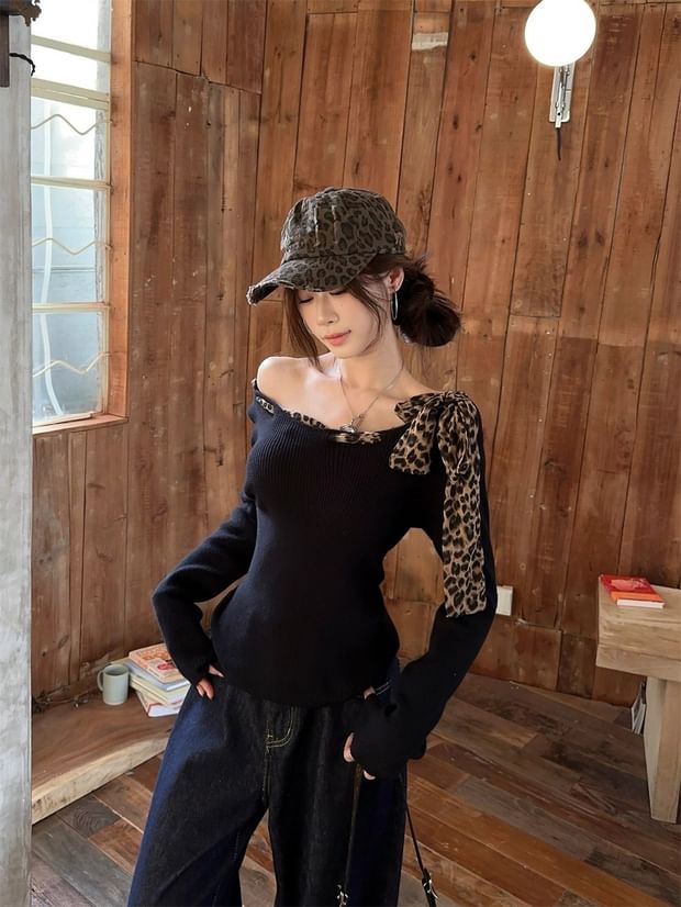 Leopard Bow Off-Shoulder Long Sleeve Blouse