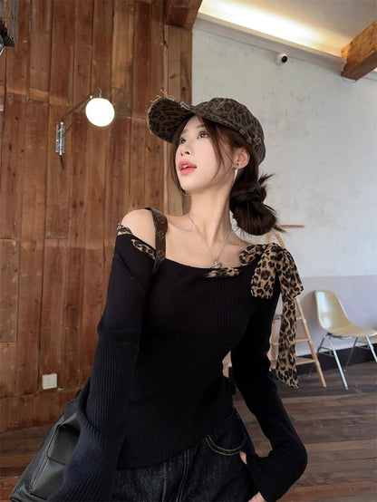 Leopard Bow Off-Shoulder Long Sleeve Blouse