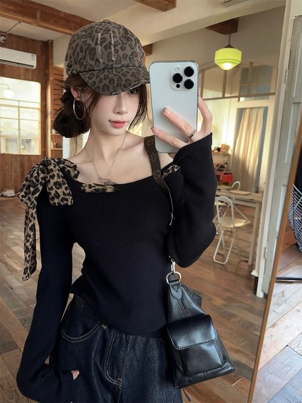 Leopard Bow Off-Shoulder Long Sleeve Blouse