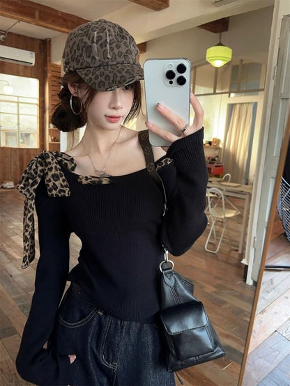 Leopard Bow Off-Shoulder Long Sleeve Blouse
