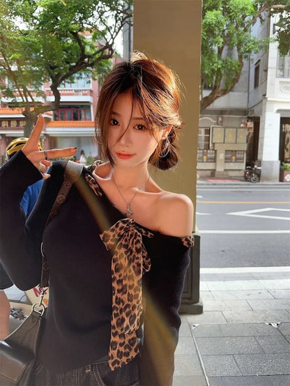 Leopard Bow Off-Shoulder Long Sleeve Blouse