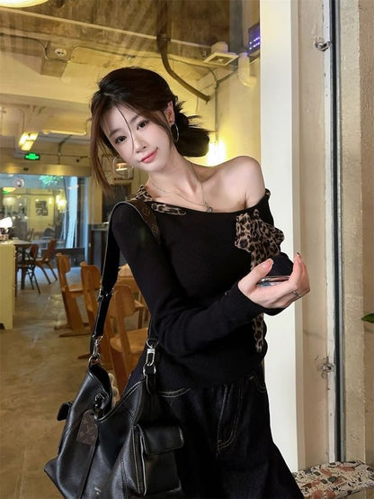 Leopard Bow Off-Shoulder Long Sleeve Blouse