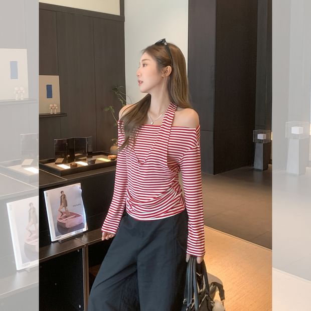 Striped Cold Shoulder Faux Layer Extended Sleeve Top