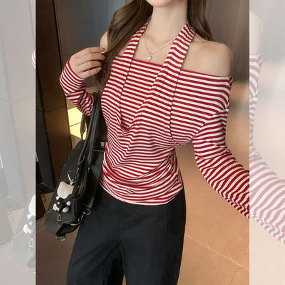 Striped Cold Shoulder Faux Layer Extended Sleeve Top