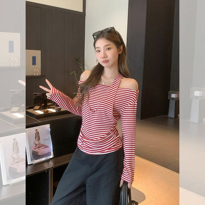 Striped Cold Shoulder Faux Layer Extended Sleeve Top