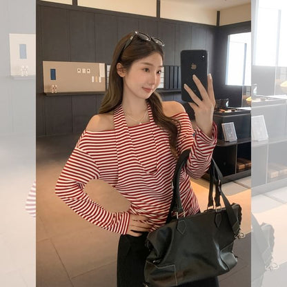 Striped Cold Shoulder Faux Layer Extended Sleeve Top
