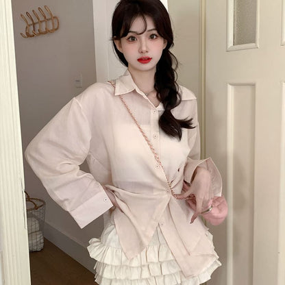 Collared Plain Extended Sleeve Button Shirt