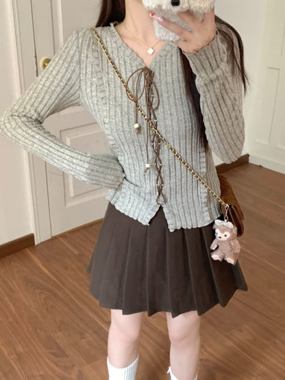 Lace-Up Ribbed Melange V-Neck Extended Sleeve Top