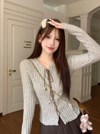 Lace-Up Ribbed Melange V-Neck Extended Sleeve Top
