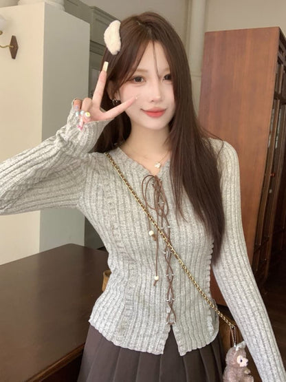 Lace-Up Ribbed Melange V-Neck Extended Sleeve Top