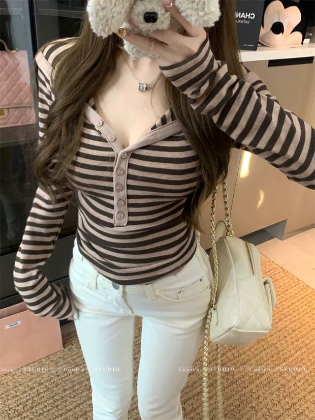 Buttoned Striped Extended Sleeve Shirt