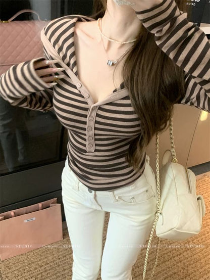 Buttoned Striped Extended Sleeve Shirt