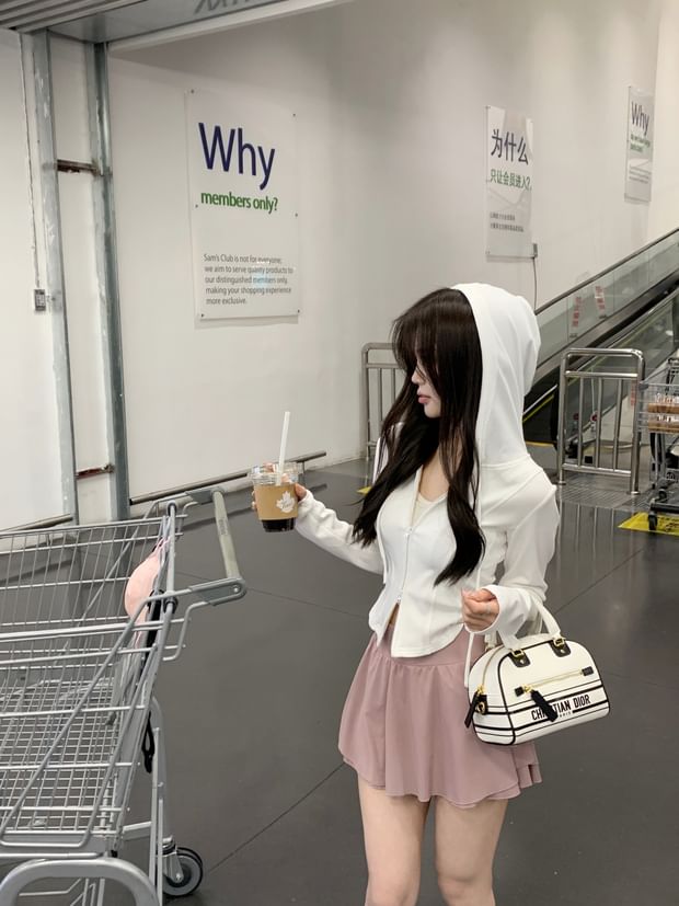 Zip-Up Paneled Plain Hooded Sweatshirt