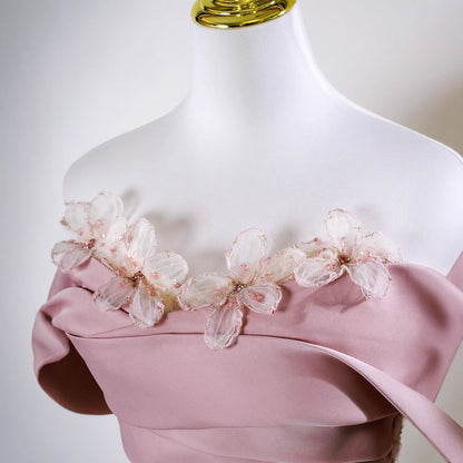 Sleeveless Off Shoulder Floral Applique Beaded Panel A-Line Evening Gown