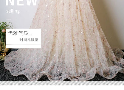 Sleeveless Off Shoulder Floral Applique Beaded Panel A-Line Evening Gown