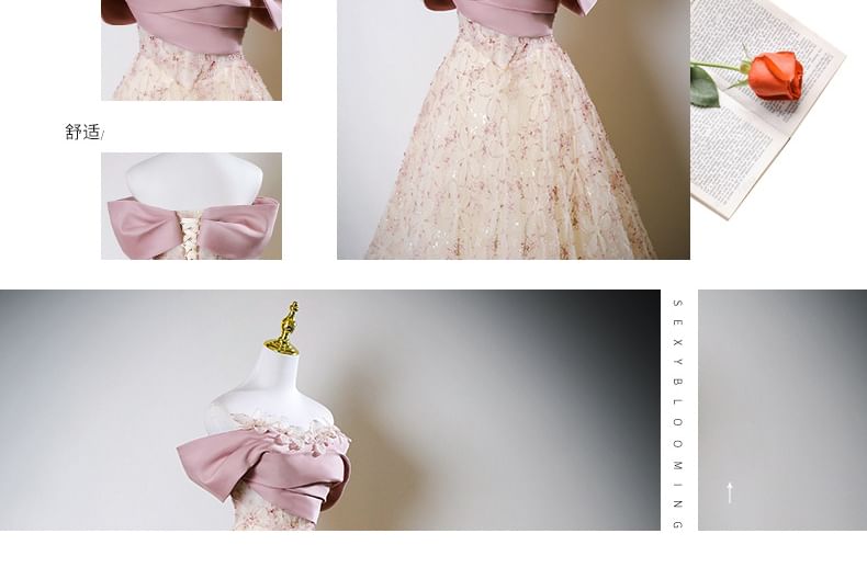 Sleeveless Off Shoulder Floral Applique Beaded Panel A-Line Evening Gown