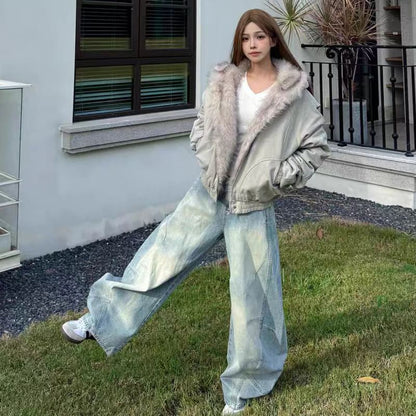 Faux Fur Lining Hood Panel Zip Jacket