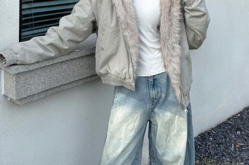 Faux Fur Lining Hood Panel Zip Jacket