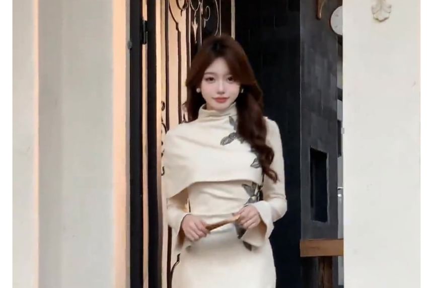 Set: Long-Sleeve Stand Collar Floral Embroidered Cutout Slit Maxi Sheath Qipao + Mock Neck Shawl