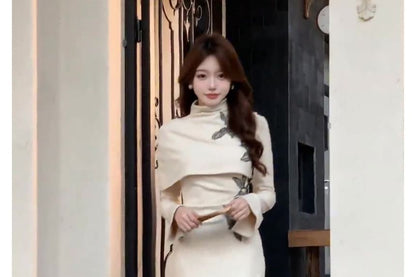 Set: Long-Sleeve Stand Collar Floral Embroidered Cutout Slit Maxi Sheath Qipao + Mock Neck Shawl