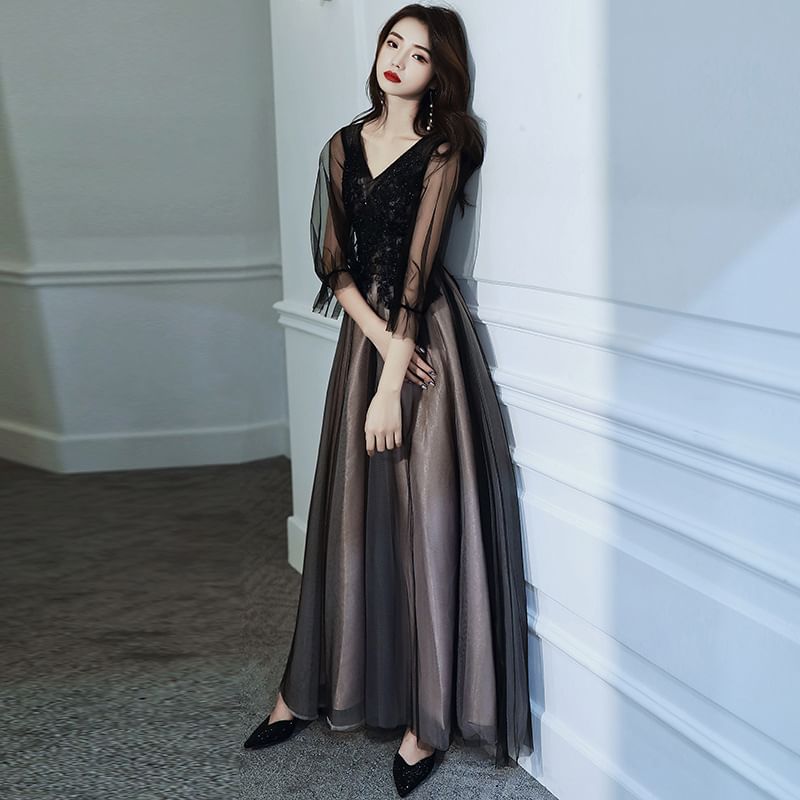 V-Neck Mesh A-Line Evening Gown