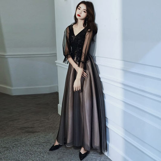 V-Neck Mesh A-Line Evening Gown