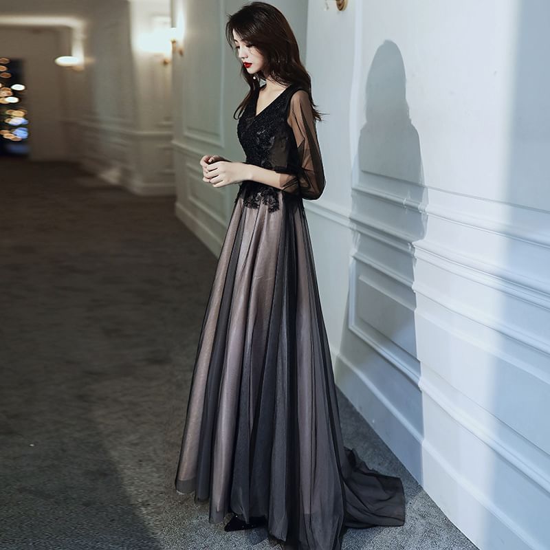 V-Neck Mesh A-Line Evening Gown
