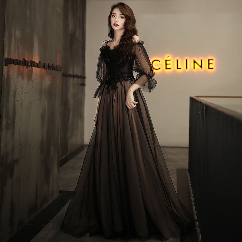 V-Neck Mesh Evening Gown A-Line