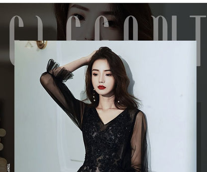 V-Neck Mesh A-Line Evening Gown